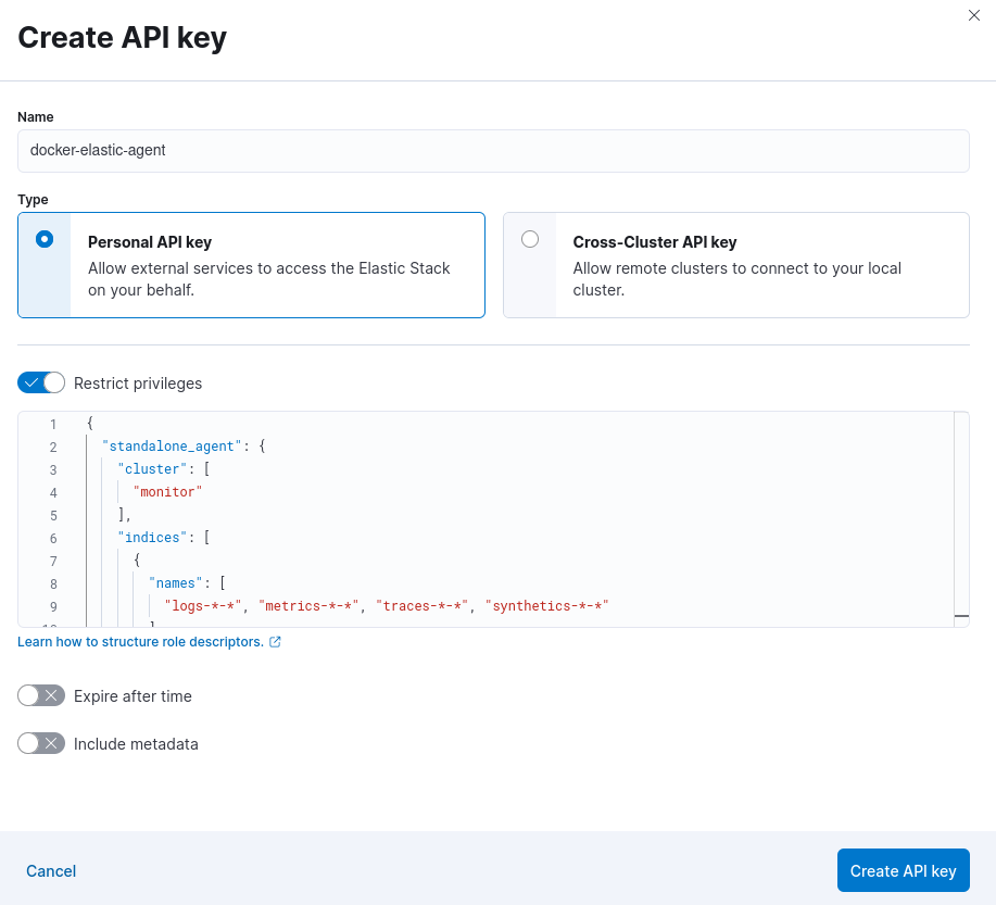 Kibana Create Elastic Agent API key