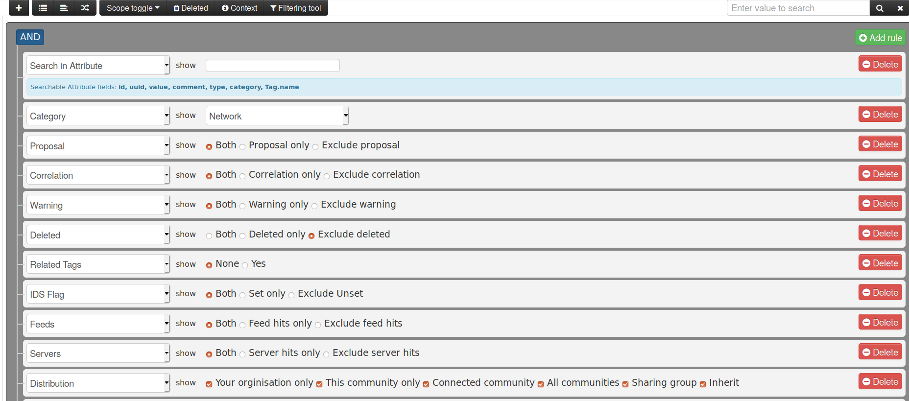 MISP screenshot - new attribute filtering tool at event level