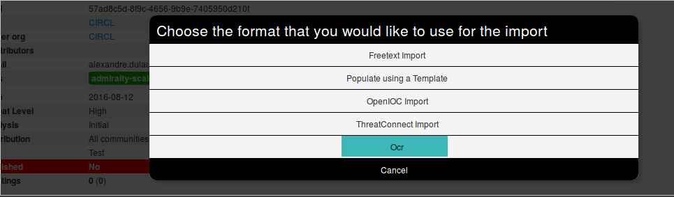 MISP user interface listing the modules and showing the ocr module