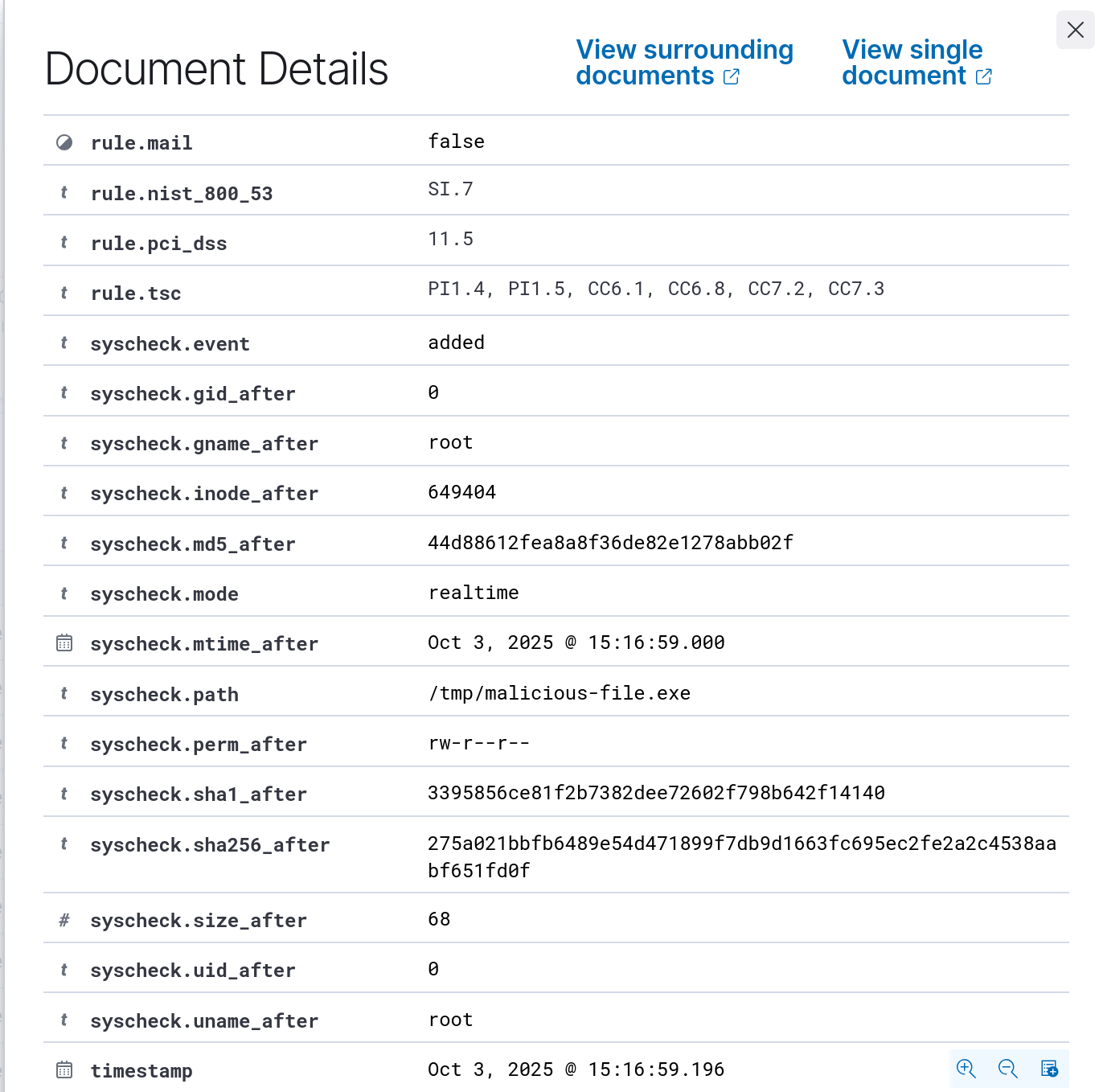 Wazuh file creation alert details